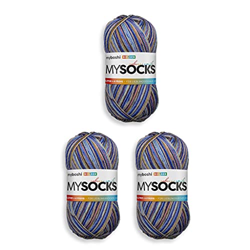 myboshi mysocks, 4-fädige Sockenwolle, strapazierfähiges Garn aus Schurwolle, Ökotex-zertifiziert, filzfrei, 100g, Ll 420m Blau (Nielsen) 3 Knäuel von myboshi