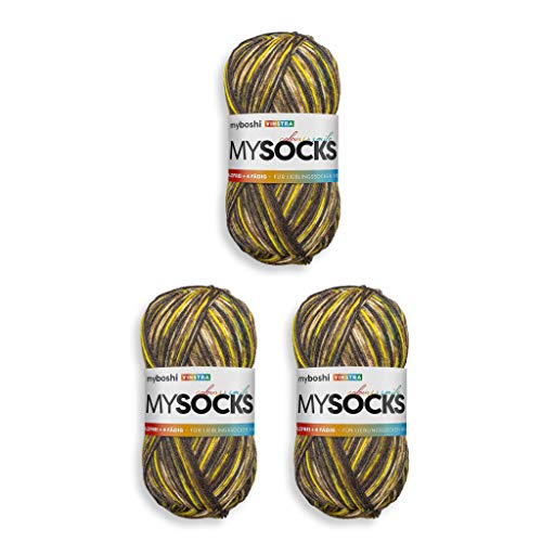 myboshi mysocks, 4-fädige Sockenwolle, strapazierfähiges Garn aus Schurwolle, Ökotex-zertifiziert, filzfrei, 100g, Ll 420m Gelb (Vinstra) 3 Knäuel von myboshi