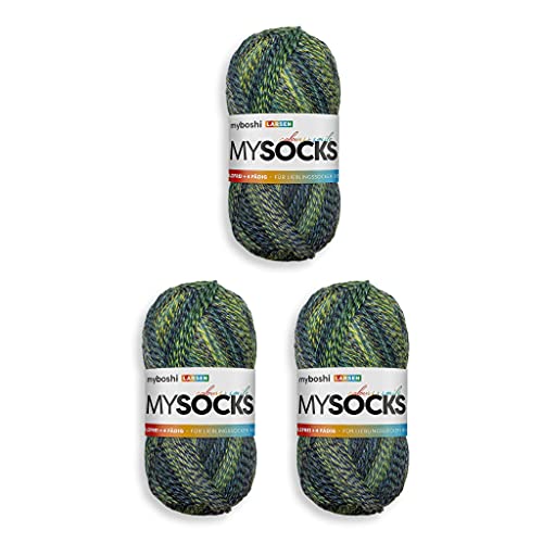 myboshi mysocks, 4-fädige Sockenwolle, strapazierfähiges Garn aus Schurwolle, Ökotex-zertifiziert, filzfrei, 100g, Ll 420m Grün (Larsen) 3 Knäuel von myboshi