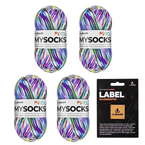 myboshi mysocks Pixel, 6-fädige Sockenwolle, strapazierfähig, Garn, inkl. original Label in Lederoptik aus Schurwolle, filzfrei, 150g, Ll 390m Lila (Dotty) 4 Knäuel von myboshi