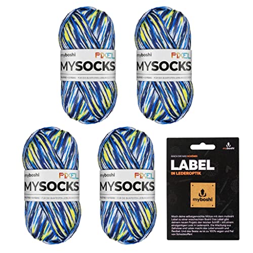 myboshi mysocks Pixel, 6-fädige Sockenwolle, strapazierfähig, Garn, inkl. original myboshi Label in Lederoptik aus Schurwolle, filzfrei, 150g, Ll 390m Blau (Otis), 4 Knäuel von myboshi
