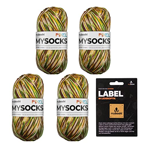 myboshi mysocks Pixel, 6-fädige Sockenwolle, strapazierfähig, Garn, inkl. original myboshi Label in Lederoptik aus Schurwolle, filzfrei, 150g, Ll 390m Braun (Copper), 4 Knäuel von myboshi