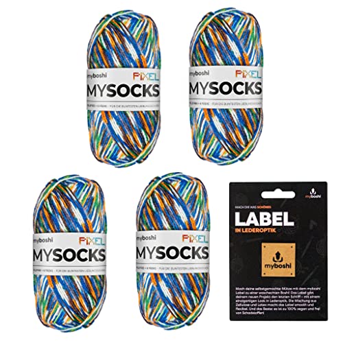 myboshi mysocks Pixel, 6-fädige Sockenwolle, strapazierfähig, Garn, inkl. original myboshi Label in Lederoptik aus Schurwolle, filzfrei, 150g, Ll 390m Grün (Booker), 4 Knäuel von myboshi