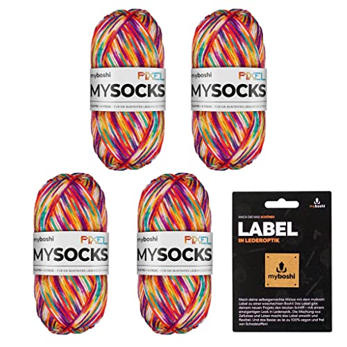 myboshi mysocks Pixel, 6-fädige Sockenwolle, strapazierfähig, Garn, inkl. original myboshi Label in Lederoptik aus Schurwolle, filzfrei, 150g, Ll 390m Orange (Spark), 4 Knäuel von myboshi