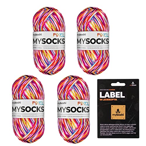 myboshi mysocks Pixel, 6-fädige Sockenwolle, strapazierfähig, Garn, inkl. original myboshi Label in Lederoptik aus Schurwolle, filzfrei, 150g, Ll 390m Rot (Nova), 4 Knäuel von myboshi