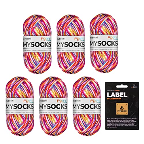 myboshi mysocks Pixel, 6-fädige Sockenwolle, strapazierfähig, Garn, inkl. original myboshi Label in Lederoptik aus Schurwolle, filzfrei, 150g, Ll 390m Rot (Nova), 6 Knäuel von myboshi