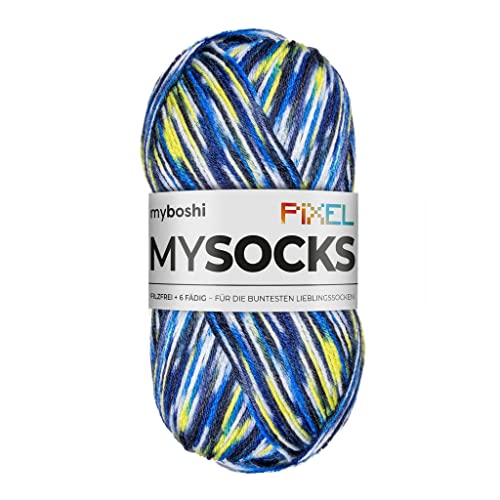 myboshi mysocks Pixel, 6-fädige Sockenwolle, strapazierfähig, Garn aus Schurwolle, filzfrei, 150g, Ll 390m Blau (Otis) 1 Knäuel von myboshi