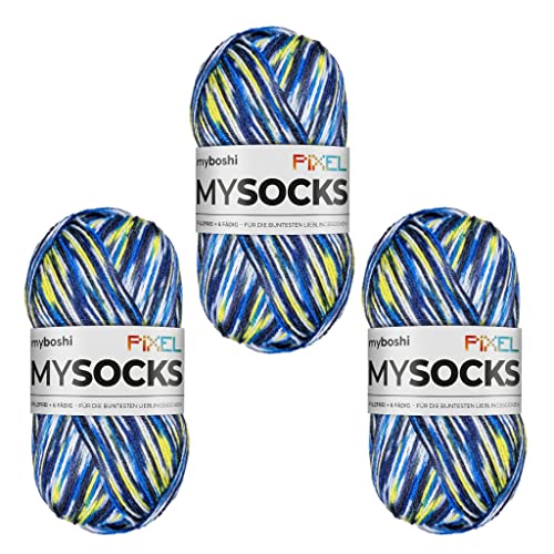 myboshi mysocks Pixel, 6-fädige Sockenwolle, strapazierfähig, Garn aus Schurwolle, filzfrei, 150g, Ll 390m Blau (Otis) 3 Knäuel von myboshi