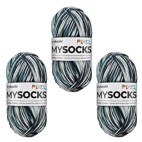 myboshi mysocks Pixel, 6-fädige Sockenwolle, strapazierfähig, Garn aus Schurwolle, filzfrei, 150g, Ll 390m Blau (Tron) 3 Knäuel von myboshi