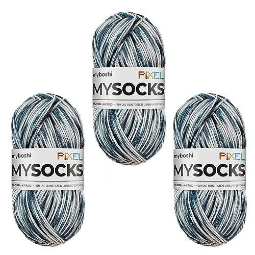myboshi mysocks Pixel, 6-fädige Sockenwolle, strapazierfähig, Garn aus Schurwolle, filzfrei, 150g, Ll 390m Grau (Rara) 3 Knäuel von myboshi