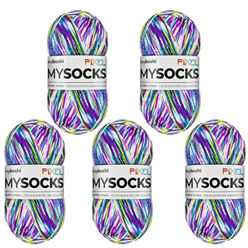 myboshi mysocks Pixel, 6-fädige Sockenwolle, strapazierfähig, Garn aus Schurwolle, filzfrei, 150g, Ll 390m Lila (Dotty), 5 Knäuel von myboshi