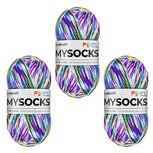 myboshi mysocks Pixel, 6-fädige Sockenwolle, strapazierfähig, Garn aus Schurwolle, filzfrei, 150g, Ll 390m Lila (Dotty) 3 Knäuel von myboshi