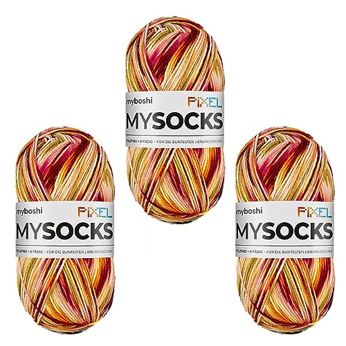 myboshi mysocks Pixel, 6-fädige Sockenwolle, strapazierfähig, Garn aus Schurwolle, filzfrei, 150g, Ll 390m Orange (Virex) 3 Knäuel von myboshi