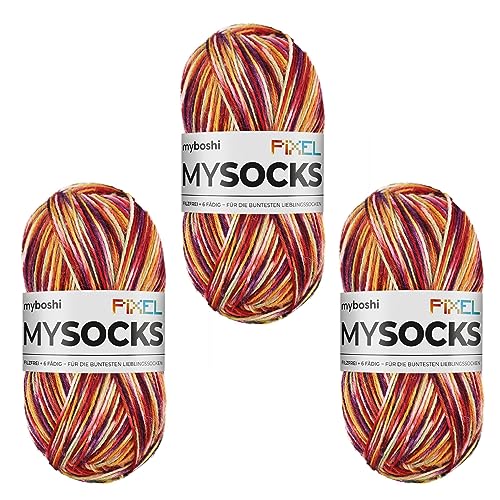myboshi mysocks Pixel, 6-fädige Sockenwolle, strapazierfähig, Garn aus Schurwolle, filzfrei, 150g, Ll 390m Rot (Nesu) 3 Knäuel von myboshi