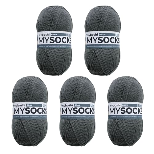 myboshi mysocks uni einfarbige Sockenwolle, 4-fädig, weich und geschmeidig, mit Aloe Vera behandelt, 100g, Ll 420m, Grau, 5 Knäuel von myboshi