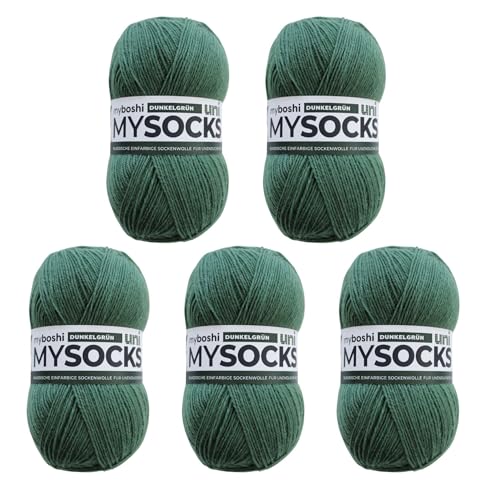 myboshi mysocks uni einfarbige Sockenwolle, 4-fädig, weich und geschmeidig, mit Aloe Vera behandelt, 100g, Ll 420m, Grün (Dunkelgrün), 5 Knäuel von myboshi