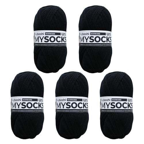myboshi mysocks uni einfarbige Sockenwolle, 4-fädig, weich und geschmeidig, mit Aloe Vera behandelt, 100g, Ll 420m, Schwarz, 5 Knäuel von myboshi