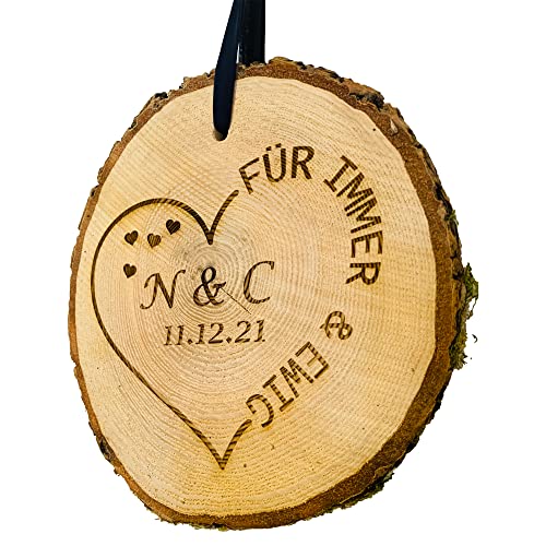 myduct - Baumscheibe mit Gravur - personalisierte Holzscheibe 16-20cm, Geschenkidee zum Hochzeitstag, naturbelassen, Dekoration, Wanddeko (Herz "für immer & ewig") von myduct