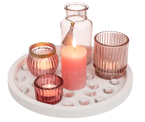 Tablett aus Holz Deko Set Holzteller Weiß mit Rose Gold Vase Verschiedene Teelichthalter mit Glasperlen von mygoodtime