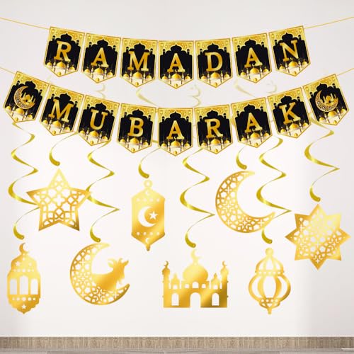 Ramadan Mubarak Girlande Eid Dekorationen, Gold Ramadan Mubarak Banner Laterne Streamer Ramadan hängende Dekorationen für Islam Festival Party Supplies, Ramadan Kareem Decor (Ramadan C) von mzoLife