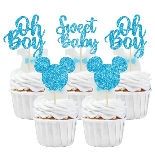 36 Stück Oh Boy Cupcake-Topper, blau glitzernde Maus-inspirierte Kuchendekorationen für Babyparty, Cupcake-Topper für Jungen, Geburtstagsparty, Dekoration für Babyparty von n&a