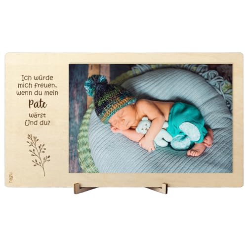 nagu® DE – Bilderrahmen aus Holz mit der Aufschrift „Willst du mein Pate sein?“ für Taufen oder Hochzeiten. Paten-Ankündigung: Überraschung in einem originellen Bilderrahmen für 10 x 15 cm große Fotos von nagu