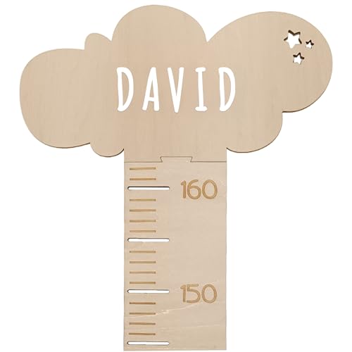 nagu® Messlatte Kinder Holz - Personalisierte Wandhöhenmesser aus nachhaltigem Holz, inkl. Buchstaben-Set & Kleber, Elegantes Wolkendesign für Baby- & Kleinkinderzimmer, 62-162 cm von nagu