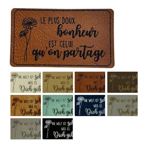 Étiquette en cuir synthétique "LE PLUS DOUX bonheur EST CELUI qu’on partage" Ausführung zum Aufkleben, Farbe Kunstleder Premium Schwarz von namensbaender.de GmbH