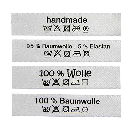 Pflegeetiketten mit Wasch- und Pflegesymbolen Menge 5 Stück / 1,70 €, Aufschrift 100 % Wolle von namensbaender.de GmbH