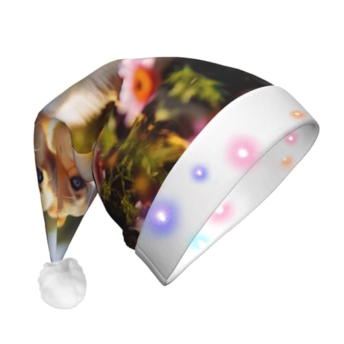 Corgi Weihnachtsmannmütze mit Blumenmuster, Unisex, für Erwachsene, mit LED-Licht, Plüsch, Weihnachtsmannmütze Corgi Weihnachtsmannmütze mit Blumenmuster, Unisex, für Erwachsene, mit LED-Licht, Plüsch, Weihnachtsmannmütze von nanger