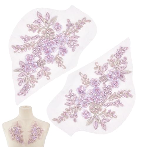 NBEADS 1 Paar 3D Blume Spitze Applique, Flieder Blume Perlen Pailletten Patch Nähen Sie auf Gestickte Applique für Hochzeitskleid DIY Patch Kleidung Zubehör, 18.3x37cm von nbeads