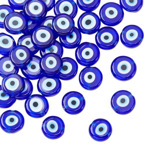 NBEADS 1 Strang (ca. 38 Stück) Blau flach rund Evil Eye Handarbeit Glas Lampwork Beads Charms Spacer Perlen für Armbänder Halskette Schmuck herstellen von nbeads