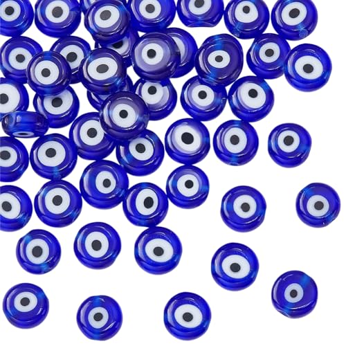 NBEADS ca. 49 Stück Blaue Flache runde Evil Eye Perlen, 8mm Handgemachte Glas Lampwork Evil Eye Perlen Charms Spacer Perlen für Armbänder Halskette Schmuckherstellung von nbeads