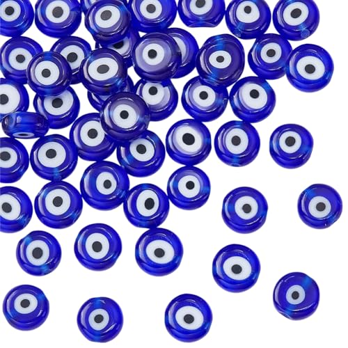 nbeads 1 Strang (ca. 49 Stück) Blaue Flache runde Evil Eye Perlen, 8mm Handgemachte Glas Lampwork Evil Eye Perlen Charms Spacer Perlen für Armbänder Halskette Schmuckherstellung von nbeads