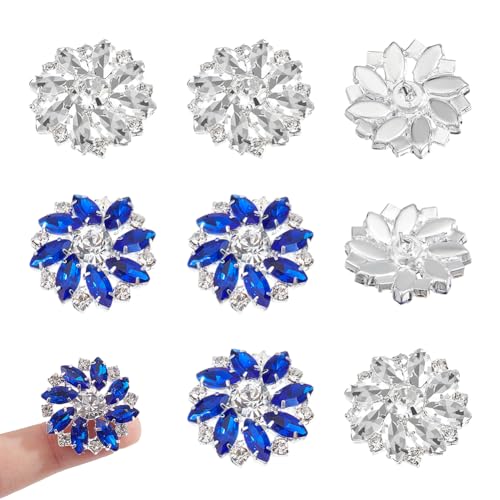 NBEADS 10 Stk. Blume Strass-Knöpfe, 25x26.5mm 1-Loch Legierung Strass Dekorative Knöpfe mit Schaft zum Nähen für Mäntel Kleider, Weiß und Dunkelblau, Loch: 2mm von nbeads