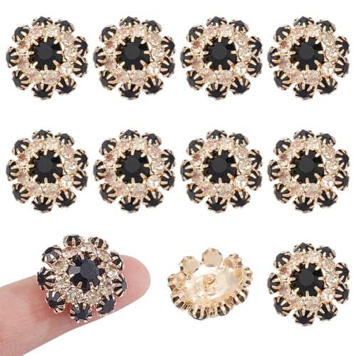 NBEADS 10 Stück Strass-Knöpfe, 21mm 1-Loch Dekorativ Legierung Aufnähen BLUMENNnn Kristall Knöpfe für Mäntel Kleider Nähen Craft, Jet, Loch: 2mm von nbeads