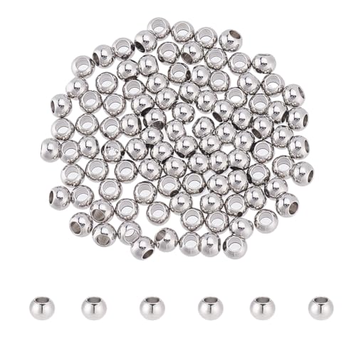 NBEADS 100 Stück Europäische Perlen aus Edelstahl, 6mm Glatte Runde Große Loch Perlen Nahtlose Lose Kugelperlen für DIY-Armband-Schmuckherstellung, Loch: 2.5mm von nbeads