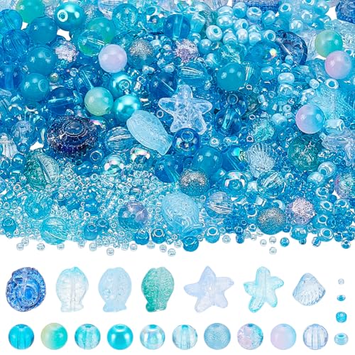 NBEADS 1060 Stk. 7 Stile Glasperlen Bastelset, Bunte Kristall Ozean Thema Glasperlen für Armbänder Schmuckherstellung Halsketten DIY-Handwerk, Loch: 0.8-2mm von nbeads