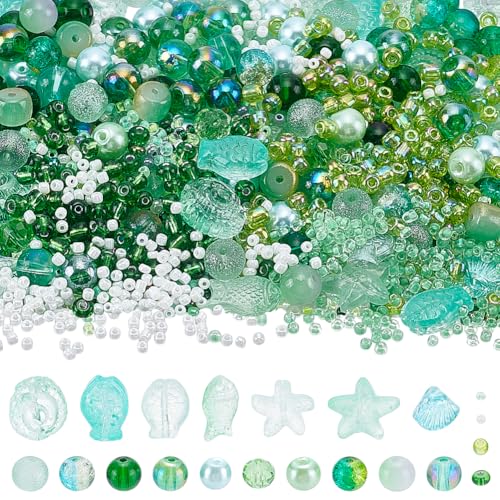 NBEADS 1060 Stk. 9 Stile Glasperlen Bastelset, Bunte Kristall Ozean Thema Glasperlen für Armbänder Schmuck machen Halsketten DIY Handwerk, Loch: 0.8-1.5mm von nbeads