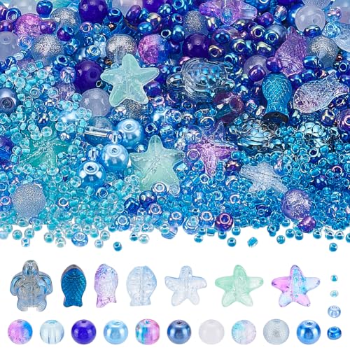 NBEADS 1060 Stk. 9 Stile Glasperlen Bastelset, Bunte Kristall Ozean Thema Glasperlen für Armbänder Schmuckherstellung Halsketten DIY-Handwerk, Loch: 0,8-1,6mm von nbeads