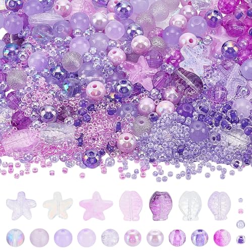 NBEADS 1060 Stück 10 Stile Glasperlen Bastelset, Bunte Kristall Ozean Thema Glasperlen für Armbänder Schmuckherstellung Halsketten DIY-Handwerk, Loch: 0,8-1,5mm von nbeads