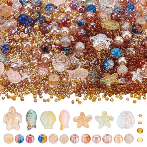 NBEADS 1060 Stück Glasperlen, Ozean-Elemente Perlenset Kristall Armband Perlen Vielfältiges Set Glasperlen Für Armbänder Schmuckherstellung Halsketten Bohrung 0.8-2mm von nbeads