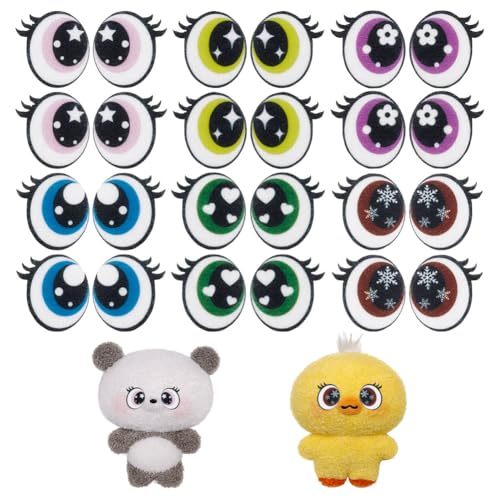 NBEADS 12 Paare 6 Farben Filzaugen zum Basteln, 2.9cm Plüsch Tiere machen Augen Filzaugen mit Wimpern Große Häkelaugen für DIY Häkeln Tier machen Handwerk von nbeads