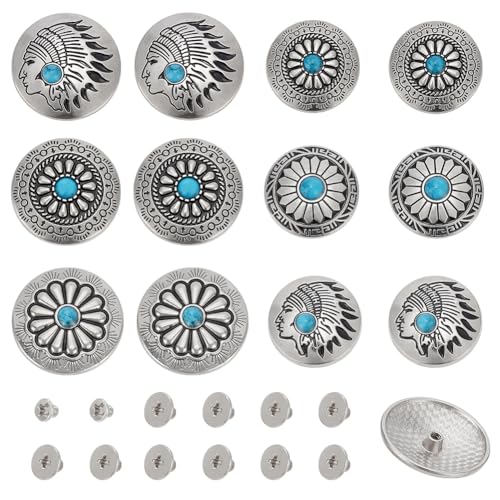 NBEADS 12 Sätze Sonnenblume Dekorative Schnalle, 1-Loch Türkis Western Konchos Runde Türkisfarbene Nieten Metall-Schraubenknöpfe für DIY Leder Handwerk Schuhe Gürtel Dekoration, Tiefes Himmelblau von nbeads
