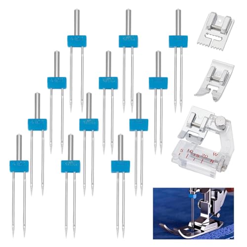 NBEADS 12 Stück 3 Größe Nähmaschinen-Zwillingsnadeln, Double Stretch Zwillingsnadeln mit 3 St. Groove Pin Tuck Drückerfuß für Haushalt Nähmaschine Zubehör von nbeads