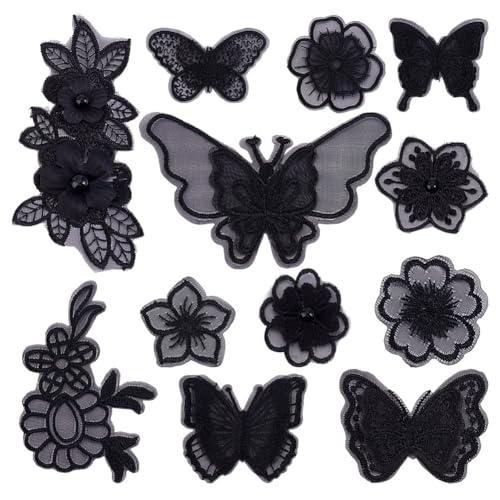 NBEADS 12 Stück Stickerei-Aufnäher mit Schmetterlingen zum Aufbügeln, Blumen-Organza-Flicken für Hochzeit, Brautkleid, Nähen, Basteln, Kleidung, Haarschmuck, Schwarz von nbeads