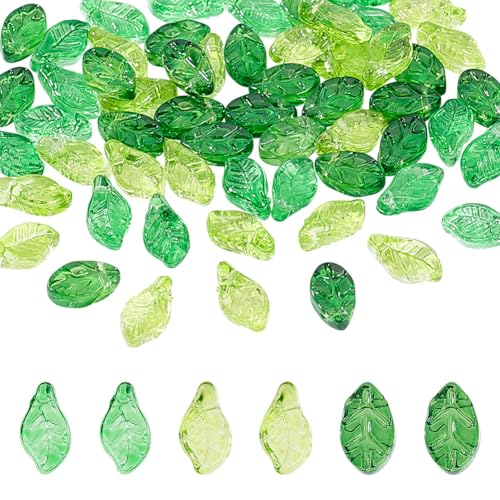 NBEADS 120 Stück 3 Farben Blatt Glasperlen, Grüne Blätter Kristall Charms Lampwork Blattperlen Für Die Herstellung von DIY Schmuck Armbänder Halsketten, 0.65x1.2x0.45cm von nbeads