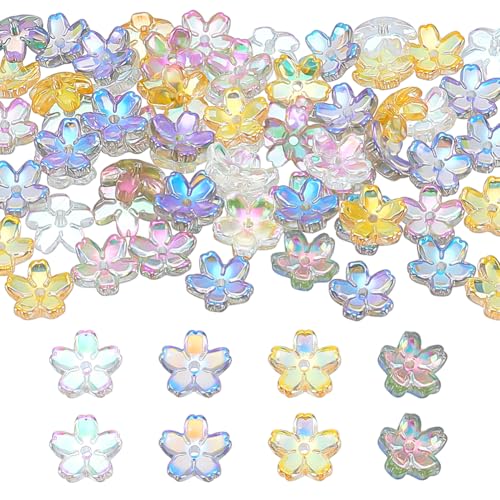 NBEADS 120 Stück 4 Farben Glasblumenperlen, 5 Blättrige Kirschblüten Kristallperlen Galvanisierte Mini Blumenanhänger Mit Loch Für Bastelarbeiten Armbänder Halsketten Ohrringe Schmuckherstellung von nbeads