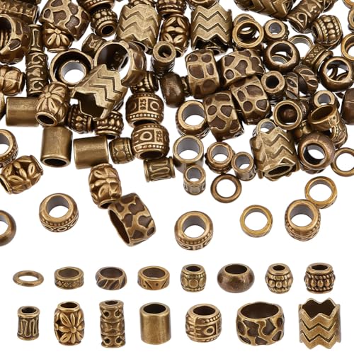 NBEADS 150 Stk. 15 Stile Legierung Abstandshalter Perlen, Antike Bronze Haarperlen Legierung Dreadlock Perlen 4-10mm Großes Loch Lose Perlen für Haarzöpfe Haarschmuck von nbeads
