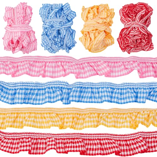 NBEADS 18 m Elastischer Gingham Besatz, 2cm Breite Gingham Rüschen Plissee Spitzenbänder Dehnbarer Plissierter Randbesatz Für Kleidungsdekoration Nähhandwerk, 4 Farben, 4.5 m/Farbe von nbeads